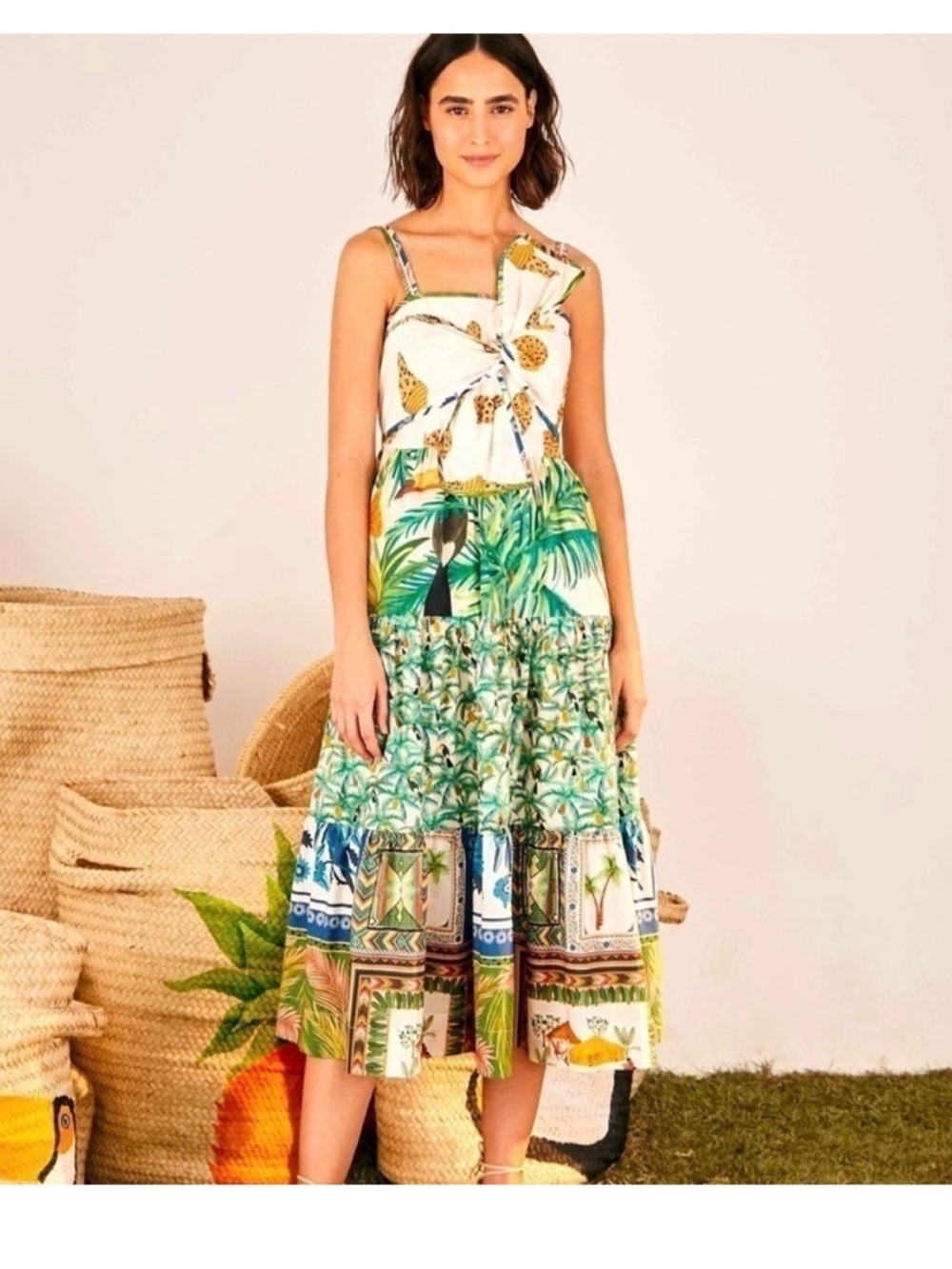 Printed Tropical Midi Dress in Multi Green